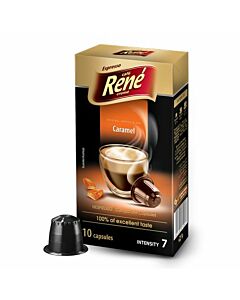 CafÃ© RenÃ© Caramel package and capsule for NespressoÂ®