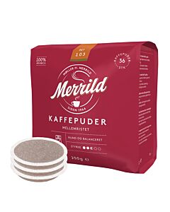 Merrild Medium Roast package and pods for Senseo