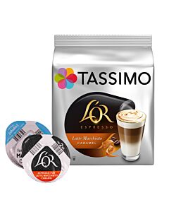 L'OR Latte Macchiato Caramel package and capsule for Tassimo